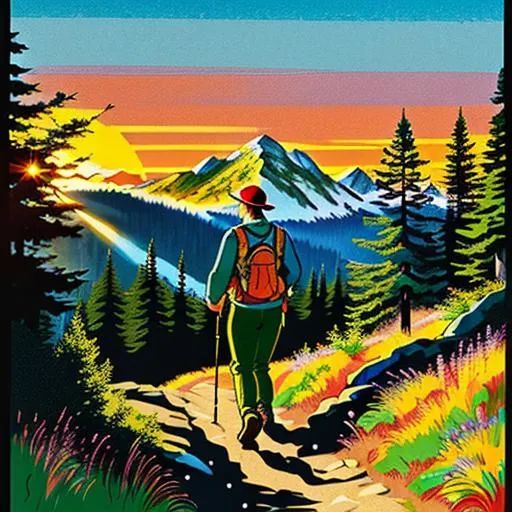 Prompt: ✨✨✨Vintage poster design showcasing a hiker on a mountain trail, surrounded by pine trees, with the sun setting behind. Art Style: Mountain Trailblazer, vibrant, sunshine, masterpiece, high quality, 8k , In the style of Ivan Bilibin ✨✨✨
