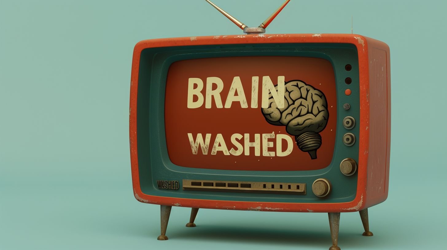 Prompt: minimalistic television set with text "BRAIN WASHED"