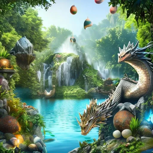 Prompt: Realistic Enchanted waterfall and lake with dragon eggs in nest birds flying various animals near lake