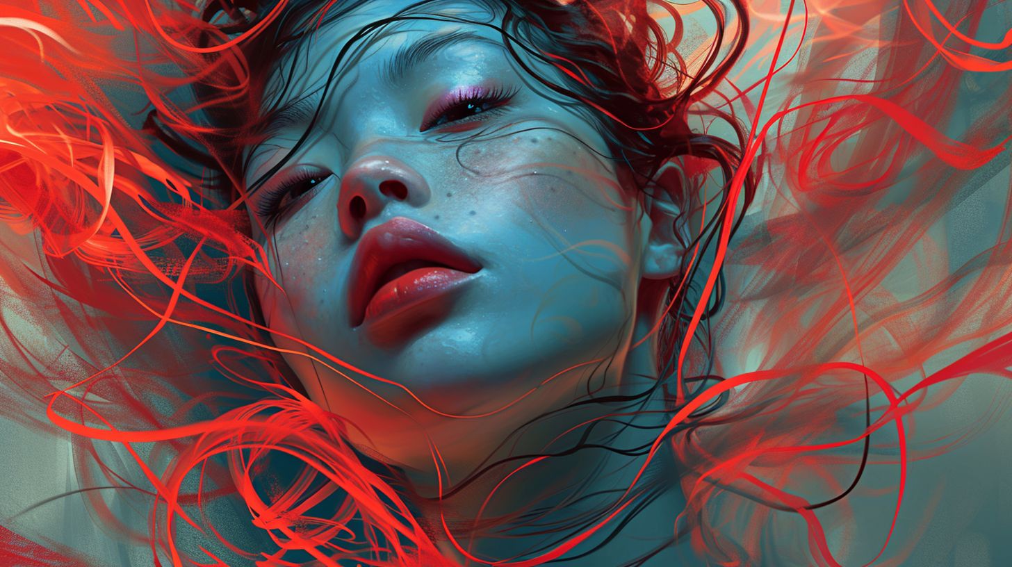 Prompt: A striking digital artwork showcases a close-up of a woman's face, enveloped by sinuous ribbons of vibrant red against a muted background. Her skin has a soft bluish tint, contrasting with the fiery hue of the flowing patterns. Her bold, red eyeshadow matches her glossy lips, adding to the surreal ambiance.