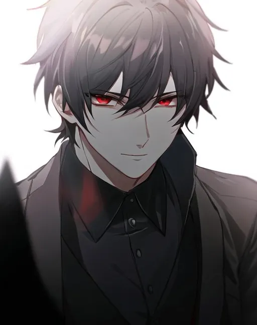 Prompt: Damien (male, short black hair, red eyes) has an obsessed look on his face