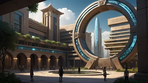 Prompt: magical portal between cities realms worlds kingdoms, circular portal, segmented ring standing on edge, upright segmented ring, freestanding ring, hieroglyphs on ring, complete ring, ancient babylonian architecture, gardens, hotels, office buildings, shopping malls, large wide-open city plaza, turned sideways view, futuristic cyberpunk tech-noir setting