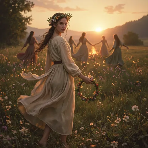 Prompt: Digital semi-realistic painting, Early twilight, Torso closeup of A young late teenage woman in a linen tunic, dynamically poised turning towards the viewer barefoot in a spring meadow at sunset, a crown of fresh leaves and berries in her braided hair.   Shy smiling expression.  She holds a flower wreath and looks wistfully over her shoulder. In the background, women dance in a circle around a Beltane bonfire, their long skirts swirling. The setting is ancient, pre-Christian Europe, with soft evening light, wildflowers, and misty hills.”

Style tags: highly detailed, cinematic lighting, warm tones, fantasy realism, ethereal atmosphere
style models: Artgerm, Greg Rutkowski, Alphonse Mucha (if using stylized models