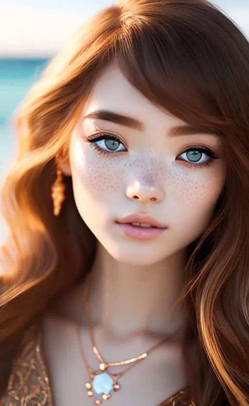 Prompt: anime style, girl is 20 years old, deep blue eyes and long, wavy hair in shades of copper and gold. Her skin is fair, with delicate freckles on her cheekbones, and she has a graceful, proportionate build. Her beauty is enchanting and ethereal, reflecting her serenity and femininity,biquíni, in a Beach, hyper realistic details, cinematic lighting, 3d, 8k