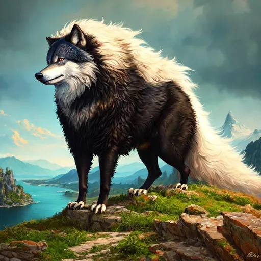 Prompt: (masterpiece, oil painting, artstation, best quality:1.5), insanely beautiful wolf with (billowing black coat), Casanova, white chin, bushy mane, growling, on a cliffside, overlooking abandoned village, overlooking river, beautifully detailed eyes, silver fur highlights, finely detailed, highly detailed face, vivid burnt sienna eyes, beautifully defined detailed legs, beautifully detailed deep shading, dynamic, depth, highly Detailed body, highly detailed pastel pink clouds, full body focus, beautifully detailed sky, cinematic, bold, energetic, youthful, 64K, UHD, unreal engine, high octane render, professional, Yuino Chiri