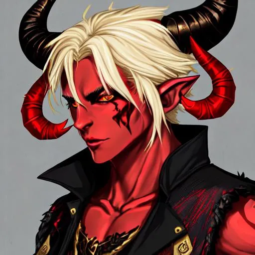 Prompt: Tiefling with all red skin, black horns, black/gold eyes and medium-length blonde hair wearing a denim vest