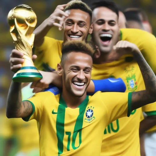 Prompt: make Neymar jr 
  win a world cup and celebrate with the Brazilian
 boys soccer national team holding the fifa world cup trophy









