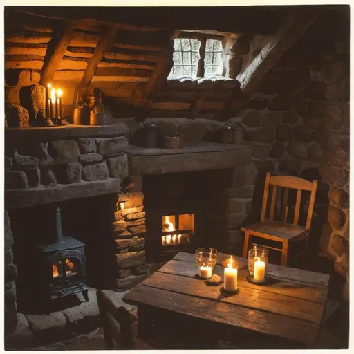 Prompt: night scene, interior, a 14th century shabby hut interior, dark and mysterious, lit only by a small fireplace, with a small bed and a table and chair
