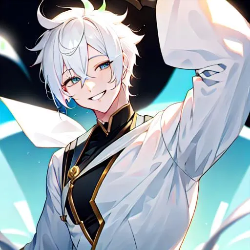 Prompt: Male (short pure white hair) 8k, UHD, smiling,