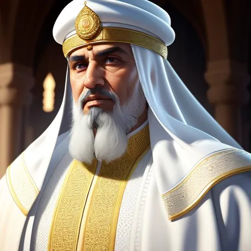 Prompt: Muslim old king in muslim cap, Repeatable, white clothes, Peppered Dress, processional studio, highly detailed, perfect composition, hyperrealistic, super detailed, 8k, high quality, Splash art, front, epic Instagram, artstation, hyperdetailed intricately detailed, unreal engine, intricate detail, complementary colors, 8k, heavy strokes,