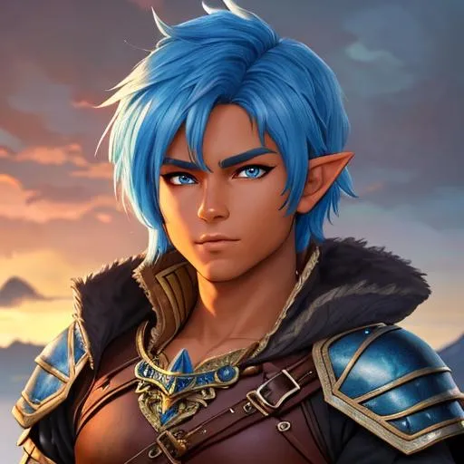 Prompt: oil painting, D&D fantasy, tanned-skinned-gnome man, tanned-skinned-male, short, short bright brown and blue hair, cropped hair, ready for battle, pointed ears, looking at the viewer, warrior wearing intricate armor outfit, #3238, UHD, hd , 8k eyes, detailed face, big anime dreamy eyes, 8k eyes, intricate details, insanely detailed, masterpiece, cinematic lighting, 8k, complementary colors, golden ratio, octane render, volumetric lighting, unreal 5, artwork, concept art, cover, top model, light on hair colorful glamourous hyperdetailed medieval city background, intricate hyperdetailed breathtaking colorful glamorous scenic view landscape, ultra-fine details, hyper-focused, deep colors, dramatic lighting, ambient lighting god rays, flowers, garden | by sakimi chan, artgerm, wlop, pixiv, tumblr, instagram, deviantart