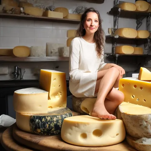 Prompt: Woman 
sitting on top of cheese
