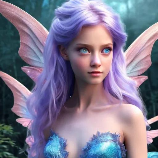 Prompt: 4k 3D professional modeling photo live action human woman hd hyper realistic beautiful magical fairy blonde hair fair skin blue eyes beautiful face blue dress blue sparkling fairy wings and wand enchanting mystical forest landscape hd background with live action magic full body