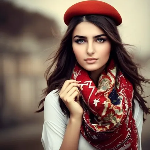 Prompt: Beautiful Turkish girl with a scarf on head and soldiers military background