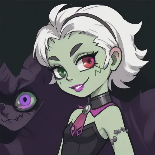 Prompt: Monster high, Draculaura, frankenstein monster, green skin, stitches, black and white hair, heterochromia, preppy style, red lipstick, neck bolts