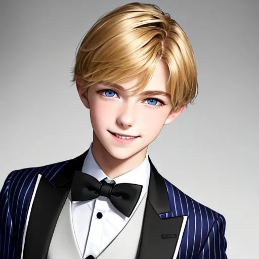 Prompt: noble sixteen year old boy, wild smile, blond hair, wearing a white suit jacket with thick vertical blue and dark red stripes, a cobalt blue vest with black buttons and a white dress shirt with a black tie, black trousers with thin white pinstripes, and a pair of black and white oxford dress shoes, bright blue eyes, smooth soft skin, soft lighting, detailed face, full body, high resolution scan, highly detailed face, digital painting, digital art, by Bryan Lee O' Malley, ink drawing, in the style of Scott Pilgrim 