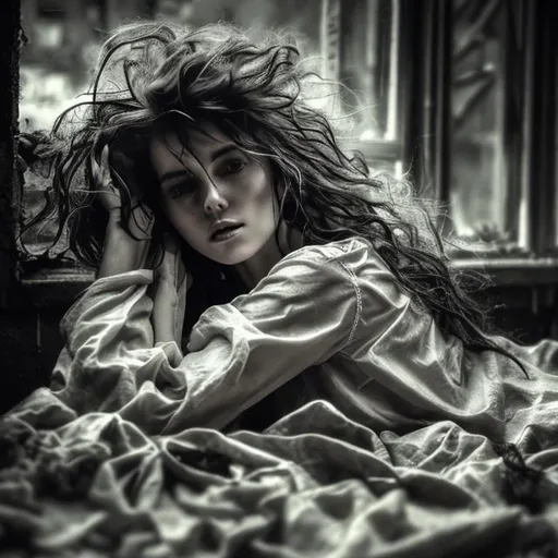 Prompt: woman with crazy messy hair laying sensually in abandoned smoky sad dark city