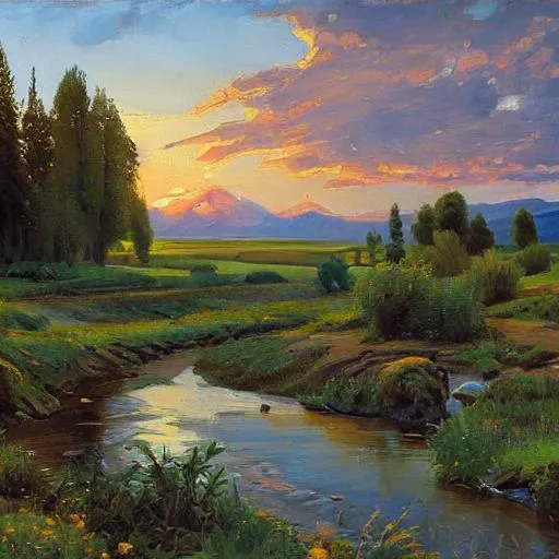 Prompt: A detailed Idaho landscape at sunset with a stream in the style of Peder Mork Monsted