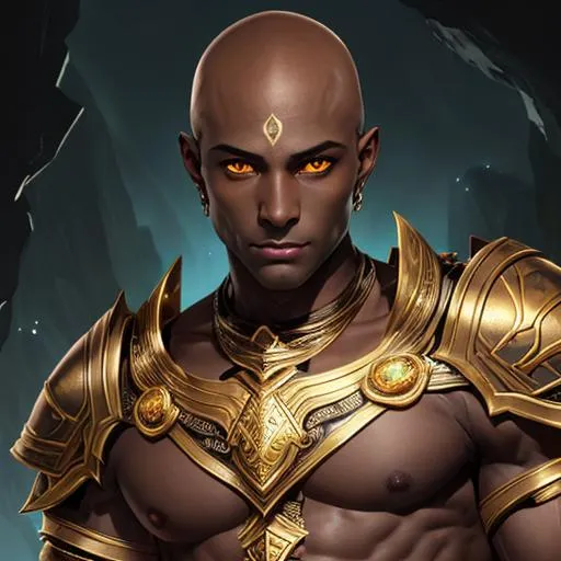 Prompt: portrait of a bald dark-skinned Adonis with abs and very brightly glowing luminescent golden eyes wearing scale armor