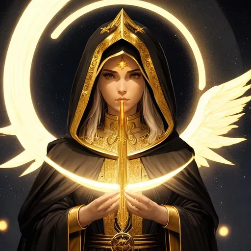 Prompt: Diablo. Portrait of Anarsul. Angelic being. Celestial being. Faceless. Wears a hood that covers face with black shadow. Wears angelic robes, with golden laces. Has a shining golden halo. Dark room. Low light., Greg Rutkowski, John William Waterhouse, Alphonse Mucha. (vibrant colors:4), full hd, high quality, 4k, trending on artstation, oil painting, symmetrical, intricate, highly detailed, cell shaded