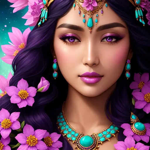 Prompt: Cosmic Epic Beautiful goddess, facial closeup, mauve flowers and turquoise jewelry