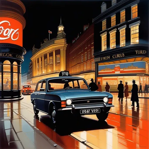 Prompt: 1970s, London at night, Picadilly Circus, car chase, warm atmosphere, cartoony style, extremely detailed painting by Greg Rutkowski and by Henry Justice Ford and by Steve Henderson