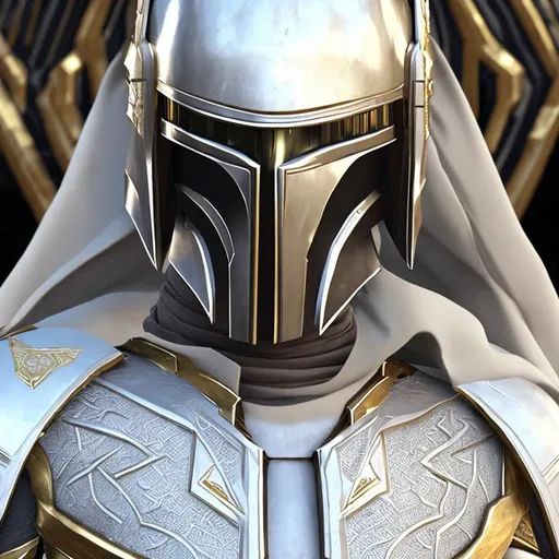 Prompt: Gold and silver Mandalorian armor, Naboo style,  female, white cape, white suit under armor, intricate design, high quality metal design, ornaments, movie poster composition, ultra realistic design, beautifully detailed, octane render, 4k, sharp light