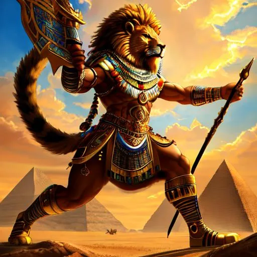 Prompt: oil painting, anthropomorphic lion, male, furry, warrior, ancient egypt, 8k, UHD,   bronze weapons, hieroglyphics art, hyperrealistic, photorealistic, beautiful art, furry art, digital art,  hyperperfectionist, muscular, pharaoh, lion head, hyperdetailed full-body of a werelion in battle stance, hyper detailed background, ancient egypt temple inside background, god of egypt, highly detailed, panned out view of the character, tan skin, scary, bloody, fight, pharaoh crown, majestic