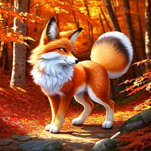 Prompt: (3D, masterpiece, detailed oil painting,, UHD character, UHD background) Adolescent runt vixen fox, 2-foot {quadruped}, dreamy amber eyes, fuzzy white-gold pelt, copper bracelet with gold etchings on head, pointy brown ears, vivid red sugar maples, timid, curious, slender, scrawny, fluffy gold-white mane, blue frosty fur highlights, warm orange fur highlights, frost on face, dreamy, melodic, beautifully detailed fur, beautifully detailed eyes, beautifully detailed defined face, beautifully detailed defined furry legs, beautifully detailed background, full body focus, 8k, 16k