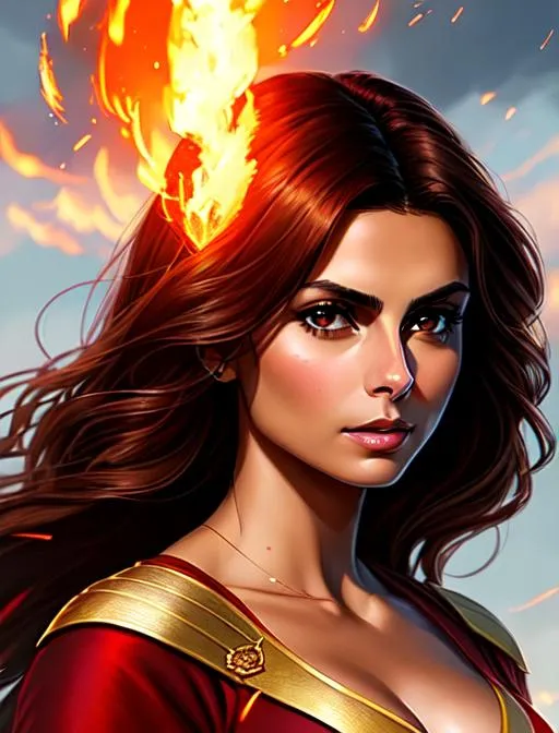 Prompt:  Morena Baccarin as Hermione Granger in a scene from HarryPotter, casting fire magic, brown eyes, battlefield, ethereal, red hair, royal vibe, highly detailed, digital painting, Trending on artstation , HD quality, tan skin,artgerm,  by Ilya Kuvshinov 