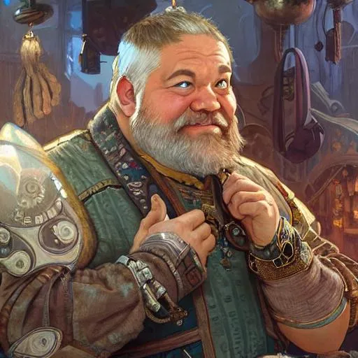 Prompt: Three-quarters portrait of artificer dwarven market-place selling high-tech magical trinkets, highly detailed, digital painting, art by Stanley Lau and Artgerm and magali villeneuve and Alphonse Mucha, artstation, octane render, cgsociety
