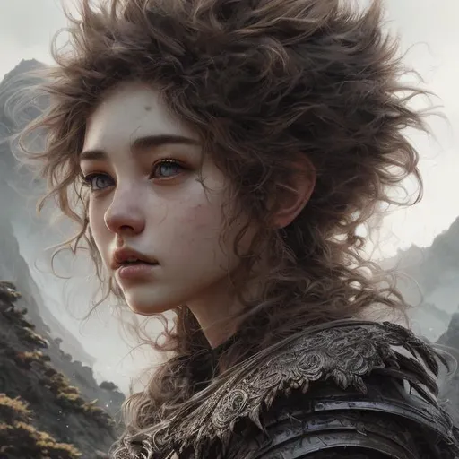 Prompt: Portrait of female with Fluffy hair and with cute face, mountain top, perfect composition, hyperrealistic, super detailed, 8k, high quality, trending art, trending on artstation, sharp focus, studio photo, intricate details, highly detailed,savage,warrior