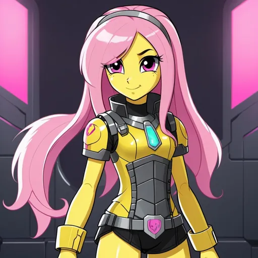 Prompt: Cyberpunk Equestria girls fluttershy wearing armor with pockets