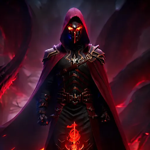 Prompt: HD, Dark lighting, Humanoid hooded male demon, strongest sorcerer, surrounded by corpses and fire, red grim reaper cloak, armor with a mask, High Resolution, Epic, Night Time, Fog, highres, high resolution
