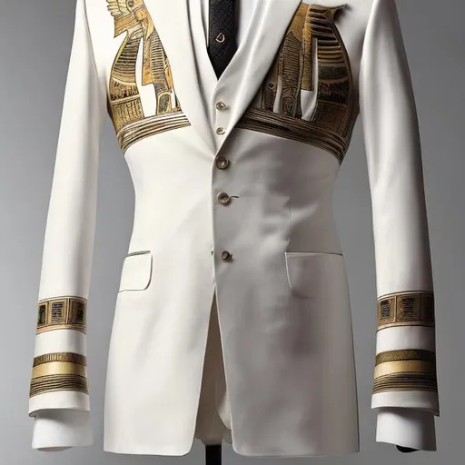 Prompt:  A white men's suit with a modern black button, drawn from the ancient Egyptian civilization, with pharaonic inscriptions on it