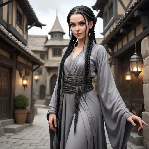 Prompt: Full body, Fantasy illustration of a female wizzard, 25 years old, slim, oliv skin, elegant grey persian robe, black braids, delicate makeup, mischievous expression, high quality, rpg-fantasy, detailed, persian style fantasy town background