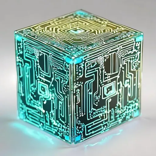 Prompt: required" Create a pale yellow parchment background" "Imagine a small, metallic cube with intricate circuitry etched on its surface. It glows with a pulsating blue light, and its sides are adorned with tiny conductive nodes. The cube is encased in a transparent shell, revealing the mesmerizing dance of electric flux within." 