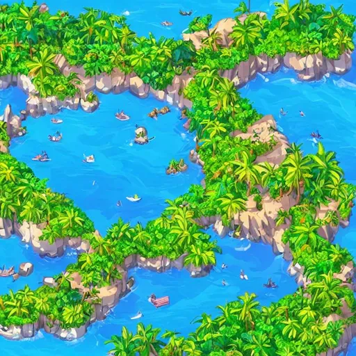 Prompt: In a bird’s eye view of a tropical island in a 2d art style, You are able to see the whole island