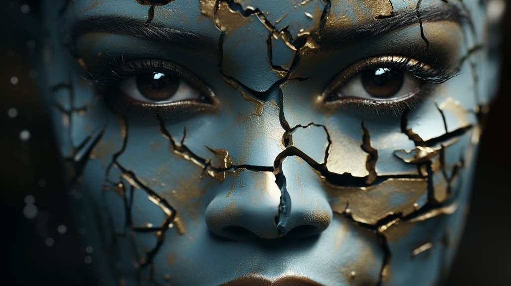 Prompt: a close up of a puzzle piece with a woman's face, desolate with zombies, istockphoto, of a young woman, black scars on her face, multi-layered artworks, there are two sides to the story, cognition, interconnections, scattered