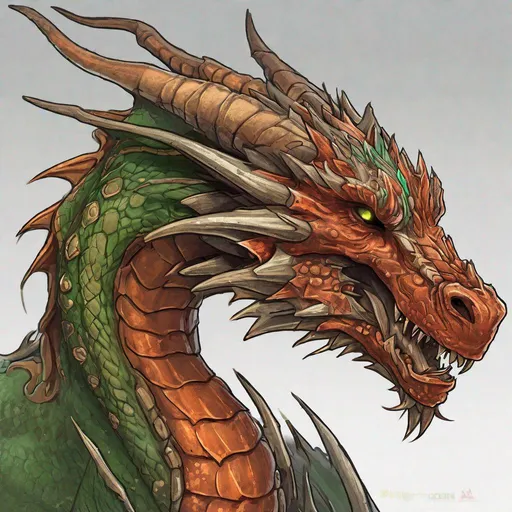 Prompt: Concept design of a dragon. Dragon head portrait. Side view. Coloring in the dragon is predominantly rusty-red with green streaks and details present.