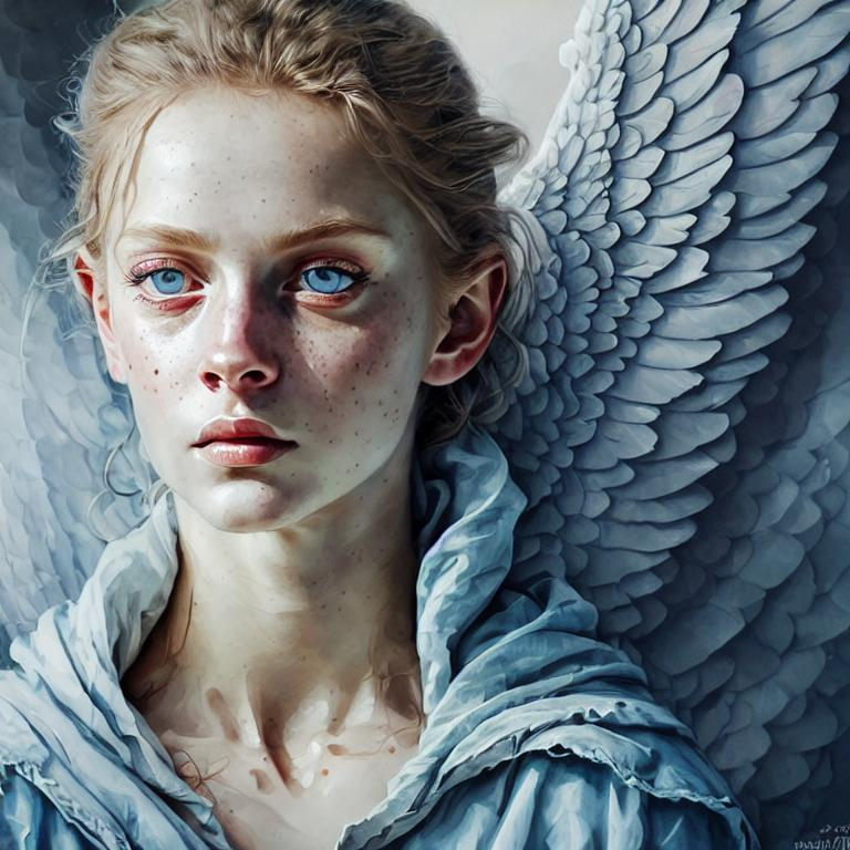 Hyperrealistic painting of an angel, blue eyes, somb... | OpenArt