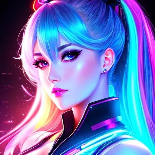 Prompt: high quality, beautiful woman, genshin impact, deviant art, full front, neon lights