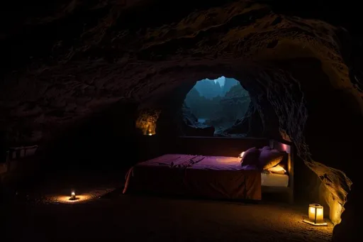 Prompt: A bed inside a dark cave surrounded by glowing flowers