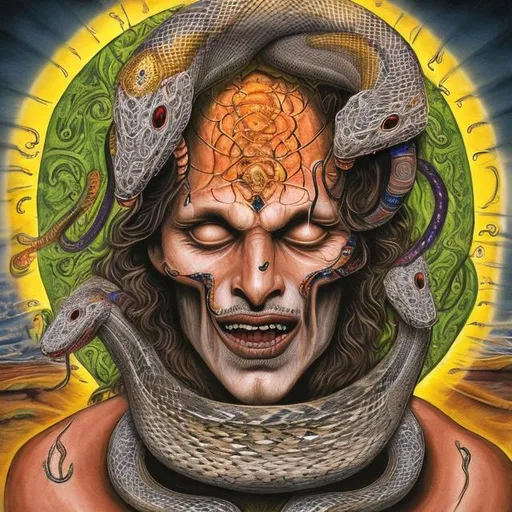 Prompt: Kundalini serpent comming from a mans mouth, 3rd eye opened on the forehead