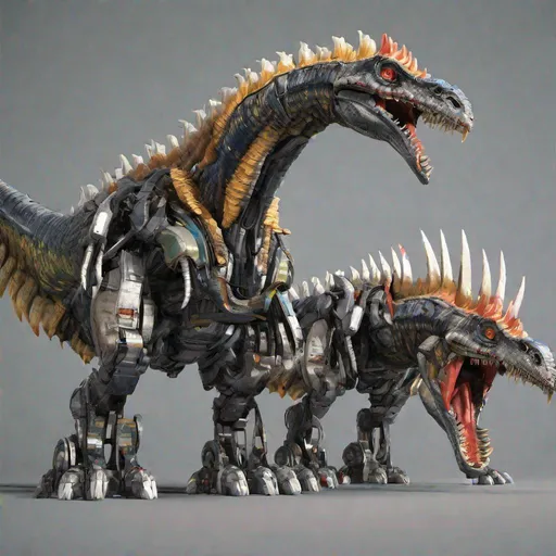 Prompt: A Kaiju sized semi-mecha therizinosaurus named Mecha Gizilla, It has 2 heads, with 7 horns on each head, (RGB) 67, 27, 56,  height is 299 meters, length is 83 meters,  width is 15 meters, HD, Hyper Realism, High Detail, Fully Rendered, 8K, 