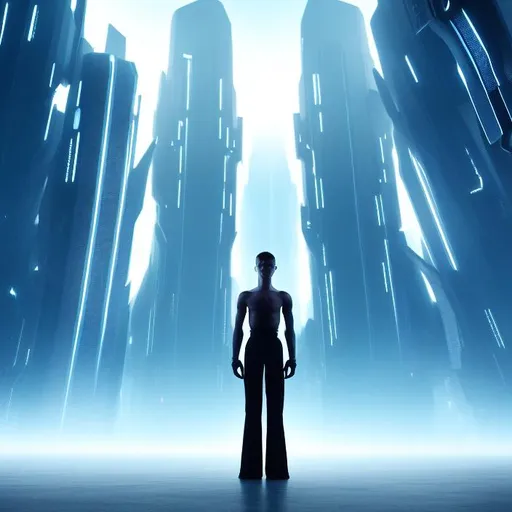 Prompt: Full portait of a pale tall man with short pale hair, a futuristic outfit and a confident stance standing in front of a dark futuristic city