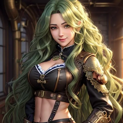 Prompt: extremely realistic, hyperdetailed, steampunk theme, extremely long green wavy hair anime girl, blushing, smiling happily, wears steampunk clothing, toned body, showing abs midriff, highly detailed face, highly detailed eyes, full body, whole body visible, full character visible, soft lighting, high definition, ultra realistic, 2D drawing, 8K, digital art