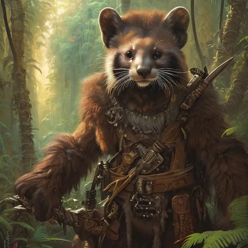 Prompt: Portrait painting, elderly marten-like humanoid warrior with dark brown fur and long white beard, leather armor, in the jungle, dull colors, danger, fantasy art, by Hiro Isono, by Luigi Spano, by John Stephens