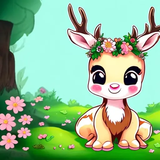 Prompt: cute cartoon baby deer drawing, flower crown, mossy forest