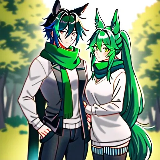 Prompt: Male. masculine build. human animatronic hybrid, with focused emerald eyes. Emerald colored feathery PEGASUS tail. Short dark Green ombre hair. horse ears. adult He wears grey comfy leggings, a white oversized sweater, brown boots. And a green scarf. Anime style. UHD, HD, 4K. In the forest.